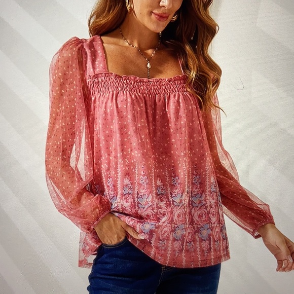🌟 Host Pick 🌟Pink & Dusty Rose floral puff sleeve square neck tunic in size S - Picture 2 of 5